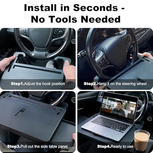 Extra Large Steering Wheel Tray for Car (26") – Adjustable Car Desk, Car Laptop Desk, Steering Wheel Desk Tray, Car Food Tray, Auto Travel Table with Expandable Side Panels for Eating, Working, Laptop