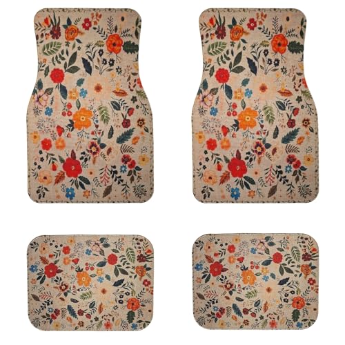 Luxury Floral Car Mats for Women Premium Linen Bohemian Car Floor Mats Full Set | Waterproof Boho Car Decor Accessories | Universal Fit Rubber Backing for Auto SUV Sedan - color: Vintage Floral