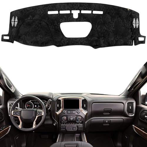 Dashboard Cover Dash Mat Fit for 2021-2019 Chevy Silverado 1500,G-MC Sierra 1500 (Without HUD Models),Car Dash Board Mat Anti-Glare Carpet,Non-Slip Pad Sunshield Protector (Flannel) - color: Black Embossed, size: Fit 19-21 Silverado