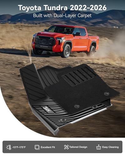 3W Floor Mats & Front Carpets Fit 2022-2026 Toyota Tundra (Only for CrewMax Cab), SR/SR5/TRD PRO/Limited/Platinum/Castone Custom Fit All-Weather TPE Front & Rear Row Floor Liner Black - size: 7. Tundra|22-26|Floor Mats&Carpet