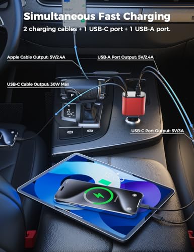 SUPERONE 【Upgraded】 Retractable Car Charger 4 in 1, Fast Car Phone Charger with Cord 2.6ft, USB C and Apple Car Charger Adapter, Compatible with iPhone 17/16/15/15 Pro Max/14/13/12/11, Galaxy, Pixel - color: Red