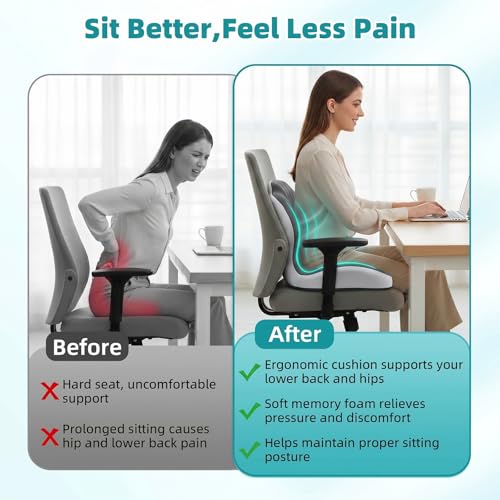 Office Chair Cushion with Back Support, Ergonomic Seat Cushion High Density Memory Foam with U-Shaped Raised Sides, Breathable Coccyx Relief for Better Posture, Office Chair, Car, Home (Gray) - color: Gray