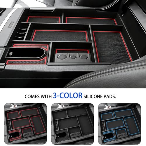 Autorder Center Console Organizer for 2014-2021 Toyota Tundra Accessories Armrest Storage Box Secondary Insert Full Tray with Red/Blue/Black Silicone Pads - size: 2014-2021 Toyota Tundra