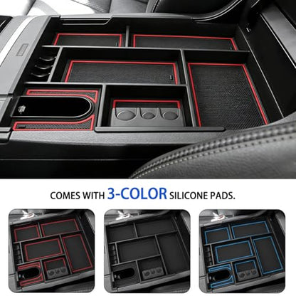 Autorder Center Console Organizer for 2014-2021 Toyota Tundra Accessories Armrest Storage Box Secondary Insert Full Tray with Red/Blue/Black Silicone Pads - size: 2014-2021 Toyota Tundra