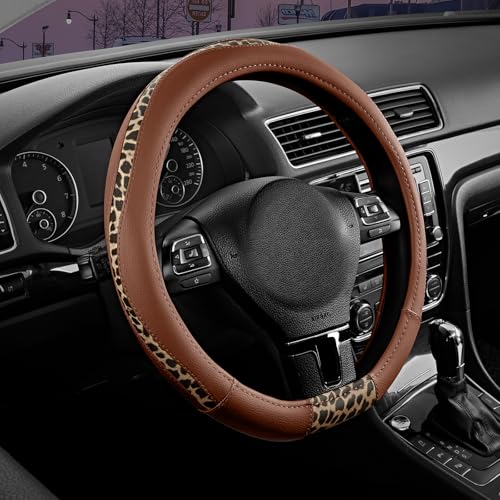 Road Comforts D-Type Steering Wheel Cover - Made with PVC Leather and Leopard Fabric - Universal Fit for 15-Inch D-Shaped Automotive Steering Wheels (Brown Color) - color: D-Brown