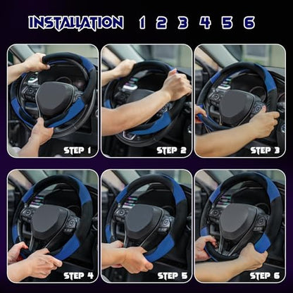 Soft Leather Steering Wheel Cover with Breathable Design and Anti-Slip Grip, Fully Compatible with Tesla, Toyota, Honda, Nissan 14.5-15.2 inch Round Steering Wheel（Sedans and SUVs） - color: DOUBLE-BLUE