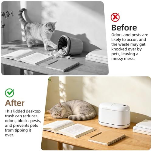 PAVSTINE Mini Trash Can for Desk with 5 Rolls of Trash Bags, Small Press-Top Countertop Garbage Bin, Removable Waste Basket for Bedroom, Vanity, Coffee Table, Kitchen (White Half-Lid) - color: White Half-Lid