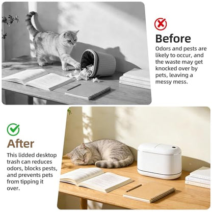 PAVSTINE Mini Trash Can for Desk with 5 Rolls of Trash Bags, Small Press-Top Countertop Garbage Bin, Removable Waste Basket for Bedroom, Vanity, Coffee Table, Kitchen (White Half-Lid) - color: White Half-Lid