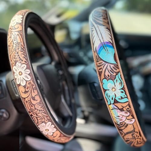 Western Cowboy Steering Wheel Cover Leather, Retro Car Tooled Leather Steering Wheel Cover, Embossed Hand-Painted Universal Anti-Slip - color: J Color