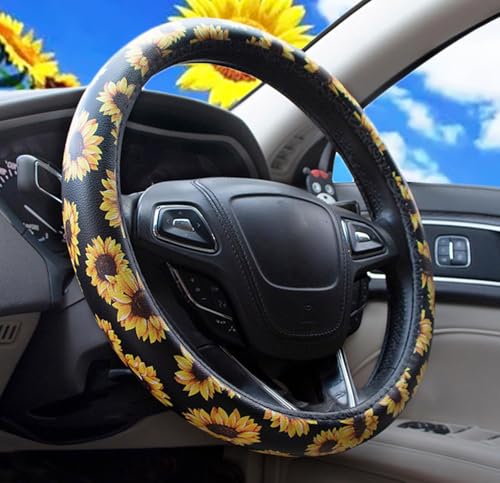 Dotesy Leather Flowers Car Steering Wheel Cover, Fashion Floral Steering Wheel Protector Universal for 36-38cm Anti Slip Auto Interior Decor Protection Accessories for Women - color: Black Yellow