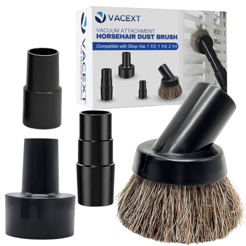 1.25 Inch Premium Soft Horse Hair Vacuum Brush Plus Vacuum Hose Adapter Kit Compatible with Shop Vac Hose 2-1/2'' & 1-1/4'' - Vacuum Attachment for Car Detailing, Furniture & Baseboards
