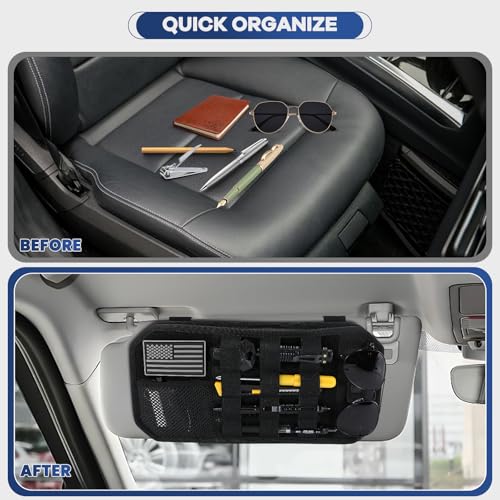 Denchy Molle Car Sun Visor Organizer with Zipper Storage Pouch and Sunglasses Holder Clip, Tactical Sunvisor Organizers for Trucks, Universal Molle Panel Accessories for Truck SUV Police Car Gear