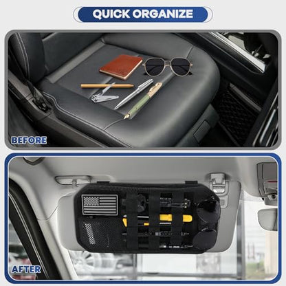 Denchy Molle Car Sun Visor Organizer with Zipper Storage Pouch and Sunglasses Holder Clip, Tactical Sunvisor Organizers for Trucks, Universal Molle Panel Accessories for Truck SUV Police Car Gear