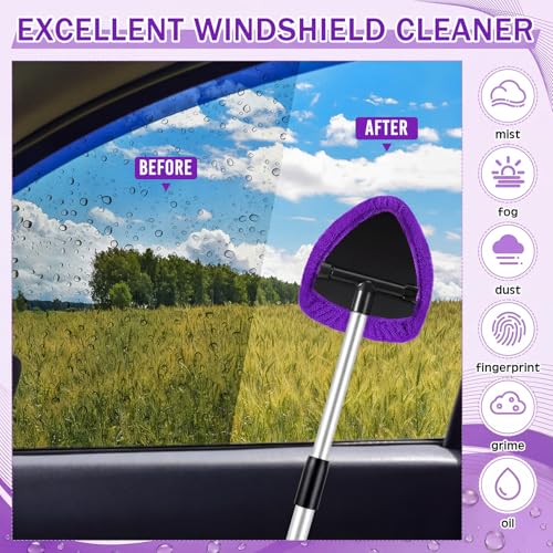 FoldTier 8 Pcs Car Windshield Cleaner Kits with Extendable Handle, 5 Microfiber Towel Pads, 1 Brush, 1 Empty Spray Bottle for Auto Glass Wiper Suvs Rvs & Home Windows(Purple) - color: Purple