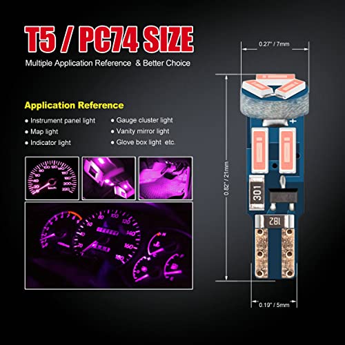 High Bright Pink T5 37 74 PC74 PC37 LED Bulb with Twist Lock Socket for Dashboard Instrument Panel Gauge Cluster Light and Map Vanity Mirror Glove Box Indicator Light - color: Pink