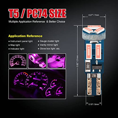 High Bright Pink T5 37 74 PC74 PC37 LED Bulb with Twist Lock Socket for Dashboard Instrument Panel Gauge Cluster Light and Map Vanity Mirror Glove Box Indicator Light - color: Pink