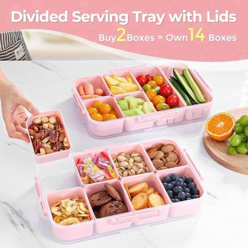 LUXEAR 2Pack 8-Compartment Divided Serving Tray with Lid and Handle - Airtight Leakproof Snackle Box Charcuterie Container for Fridge, Picnic, Party, Travel - BPA-Free Dishwasher Safe(Pink) - size: 2pack Pink