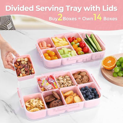 LUXEAR 2Pack 8-Compartment Divided Serving Tray with Lid and Handle - Airtight Leakproof Snackle Box Charcuterie Container for Fridge, Picnic, Party, Travel - BPA-Free Dishwasher Safe(Pink) - size: 2pack Pink