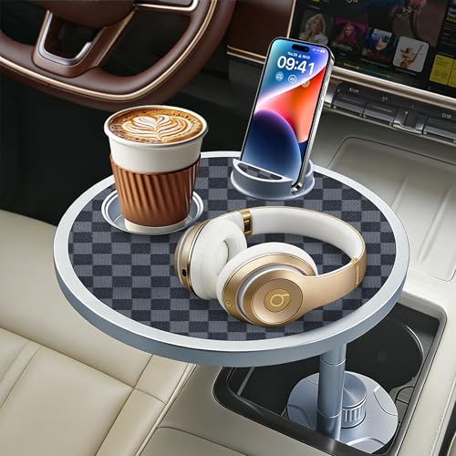 Car Food Tray & Car Table Tray with Car-Grade Aluminum Cup Holder & Phone Stand, Premium Wood with Leather Surface, 360° Rotating Car Desk for Laptop &Eating (Round, Black&Grey) - color: 𝗥𝗼𝘂𝗻𝗱 · Grey&Black