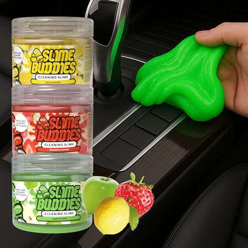 Slime Buddies Cleaning Slime | (3 Pack) 1 Lemon, 1 Apple, 1 Strawberry Scented Car Cleaning Gel | Car Interior, Cup Holder, & Keyboard Detailing Tool | Reusable Putty for Loose Dust & Dirt - color: 03 Pack Variety