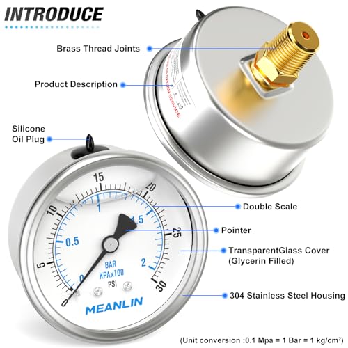 MEANLIN MEASURE 0~30Psi Stainless Steel 1/4" NPT 2.5" FACE DIAL Liquid Filled Pressure Gauge WOG Water Oil Air Center Back Mount, with 1/2" NPT and 3/8" NPT Hex Bushing - size: 0-30psi
