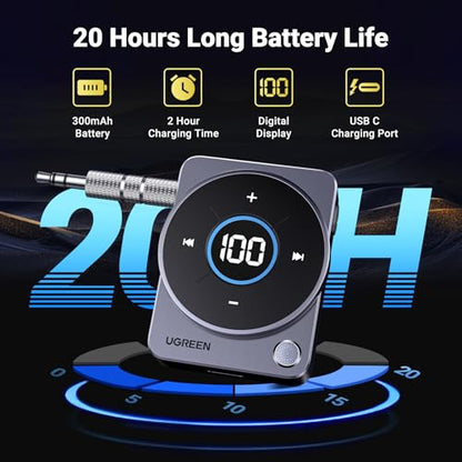 UGREEN 5.4 Bluetooth Car Adapter, [Noise Cancellation] Aux Bluetooth Receiver for Car, 3.5mm Wireless Audio Receiver for Music/Hands-Free Call/Home Stereo/Wired Speaker, 20H Battery Life