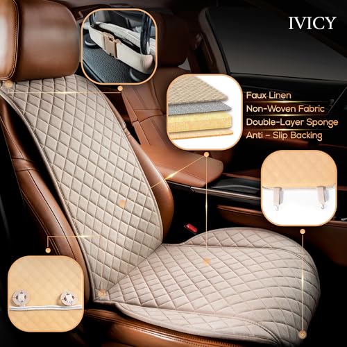IVICY Faux Linen Front Car Seat Cover – Durable, Non-Slip Seat Protector for Cars – 1 Unit, Light Beige - color: BEIGE WS LN
