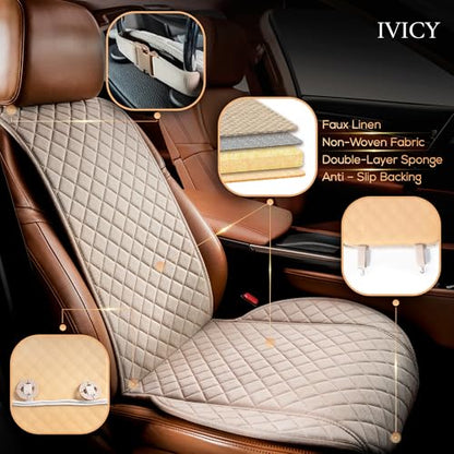 IVICY Faux Linen Front Car Seat Cover – Durable, Non-Slip Seat Protector for Cars – 1 Unit, Light Beige - color: BEIGE WS LN