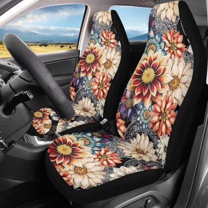 Dahlia Flowers Blossom Car Seat Covers for Front Seats Ethnic Style Bucket Seat Covers Universal Fit for SUV Truck Sedan Front Seat Protector,2 Piece Set - color: Dahlia Flowers Blossom