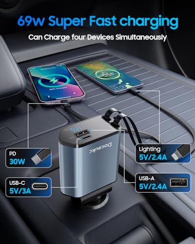Retractable Car Charger for iPhone 17, 69W USB C 4 in 1 Fast Charging, Car Truck Accessories, Car Adapter, Road Trip Essentials Gift for Men Women, for iPhone 17 Pro Max Air 16 15 14 13, Galaxy, Pixel