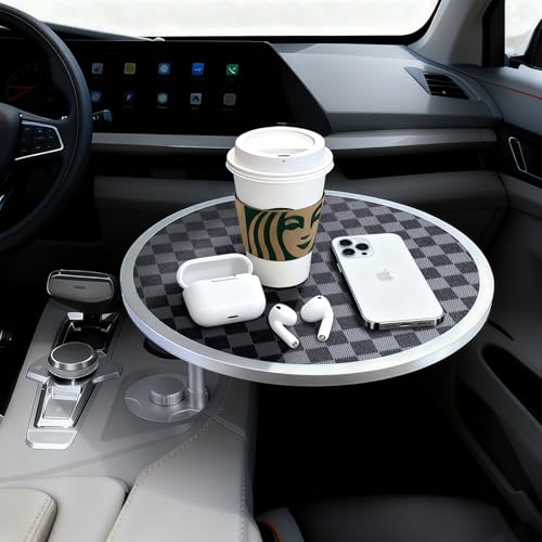 Car Tray Table & Car Desk for Laptop with 2 Risers and Anti-Slip Pad, 360° Rotating Cup Holder for Working and Eating Compatible with Tesla Model 3/Y/S, Ford F150/Explorer/Maverick & Most Vehicles/EV - color: Gray-Black Chessboard