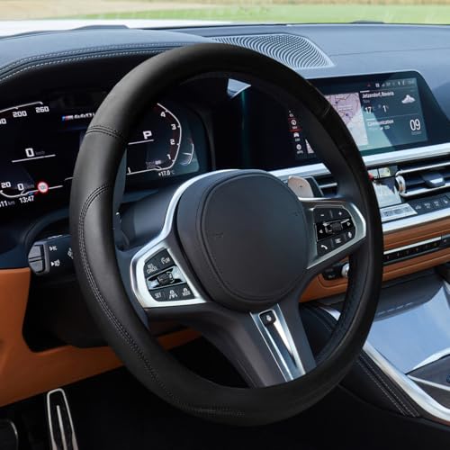15.5"-16" Car Steering Wheel Cover, Anti-Slip Breathable Microfiber Leather Car Wheel Protector, Universal Auto Interior Heat Resistant UV Protection Accessory for Sedan SUV (Black-16) - color: Black-16"