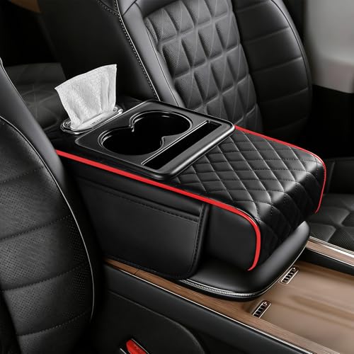 Car Armrest Cushion, Car Center Console Cover, Leather Armrest Cover for Car, Universal Middle Console Cushion with Storage Box, Cup Holder, Phone Slot, Waterproof Interior Accessories (black-red) - color: black-red
