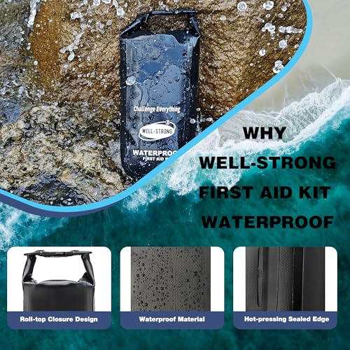 Boat First Aid Kit Waterproof, WELL-STRONG Marine Emergency Kit with Roll Top Dry Bag for Boating Fishing Kayaking – Water-Resistant Contents for Camping & Beach（Black） - color: Ws011-black
