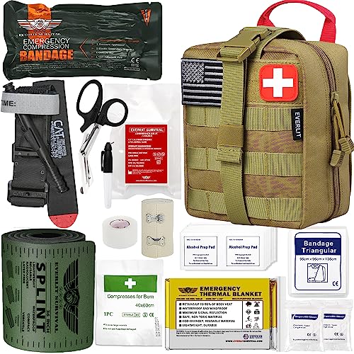 EVERLIT Emergency Trauma Kit, CAT GEN-7 Tourniquet 36" Splint, Military Combat Tactical IFAK for First Aid Response, Critical Wounds, Severe Bleeding Control (Tan) - color: Tan