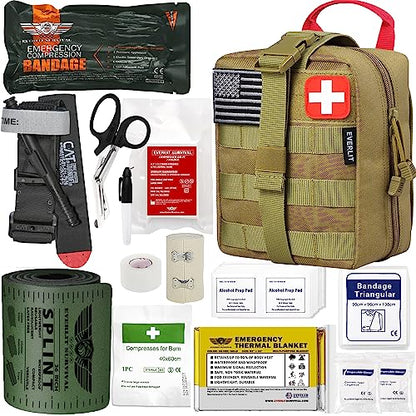 EVERLIT Emergency Trauma Kit, CAT GEN-7 Tourniquet 36" Splint, Military Combat Tactical IFAK for First Aid Response, Critical Wounds, Severe Bleeding Control (Tan) - color: Tan
