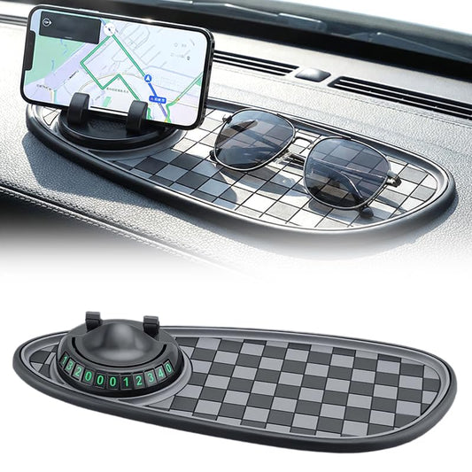 2026 New Multifunction Car Anti-Slip Pad, 360° Rotatable Phone Holder Dashboard Pad with Hidden Parking Number Plate, Car Anti Slip Pad Phone Holder for Phone Keys Sunglasses (Gray) - color: Gray