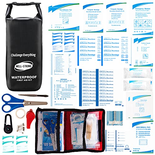 Boat First Aid Kit Waterproof, WELL-STRONG Marine Emergency Kit with Roll Top Dry Bag for Boating Fishing Kayaking – Water-Resistant Contents for Camping & Beach（Black） - color: Ws011-black