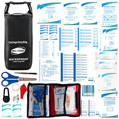 Boat First Aid Kit Waterproof, WELL-STRONG Marine Emergency Kit with Roll Top Dry Bag for Boating Fishing Kayaking – Water-Resistant Contents for Camping & Beach（Black） - color: Ws011-black