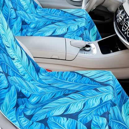 Hahafelt 2 Pack Car Seat Towel Covers with Storage Bag, 63 x 32 Inch Universal Non Slip Waterproof Sweat Protector for Car Truck, Gym Swimming Running, Machine Washable (Blue Leaves) - style: Blue Leaves