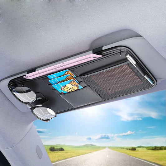 Large Car Visor Organizer Holder for Truck/SUV, Document Storage Pouch Holder with Multi-Pocket Net Zipper for Cards, License, Sunglasses, Pen, Key - color: Large Luxury Version-Black