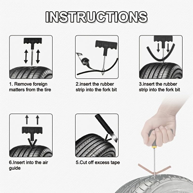 7PCS Tire Repair Kit, Car & Motorcycle Flat Tire Puncture Repair Tool Set with 5 Rubber Plugs, 2 Insertion Needles, Heavy Duty Emergency Roadside Kit for Cars, Trucks, SUVs, Motorcycles