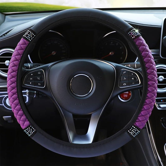 PU Leather Elasticity Car Steering Wheel Cover Anti-Slip Adjustable Steering Wheel Protective Sleeve, Purple - color: Purple