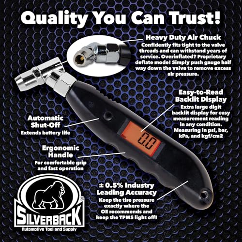 Silverback Digital Tire Pressure Gauge, 0-150 PSI. Tire Pressure Gauge for Car, Truck, Motorcycle, RV's, ATV's, Dirt Bikes, Lawn Tractor & Bicycle Tires. Backlit LCD Screen with 4 Unit Measurements.