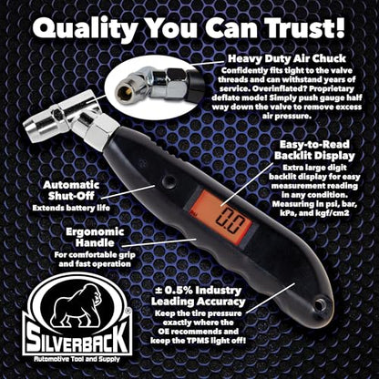 Silverback Digital Tire Pressure Gauge, 0-150 PSI. Tire Pressure Gauge for Car, Truck, Motorcycle, RV's, ATV's, Dirt Bikes, Lawn Tractor & Bicycle Tires. Backlit LCD Screen with 4 Unit Measurements.