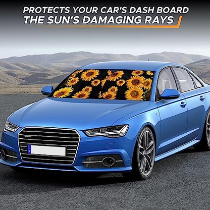 EcoNour Windshield Sun Shade 2 Piece Size (31L x 28W) Inches Medium, Sunflower Car Sunshade Foldable Design, 240T Polyester Front Window UV Protection Heat Block Interior Cover - size: Medium-flower