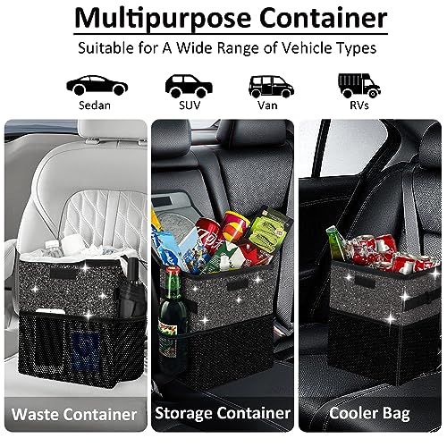 Cute Mini Car Trash Bag with Lid, Glitter Garbage Can Bin Hanging for Back/Front Seat/Console, Waterproof, Leakproof, 2.5 Gallon, Black Bling Sparkly - color: Black Bling Sparkly