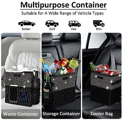 Cute Mini Car Trash Bag with Lid, Glitter Garbage Can Bin Hanging for Back/Front Seat/Console, Waterproof, Leakproof, 2.5 Gallon, Black Bling Sparkly - color: Black Bling Sparkly