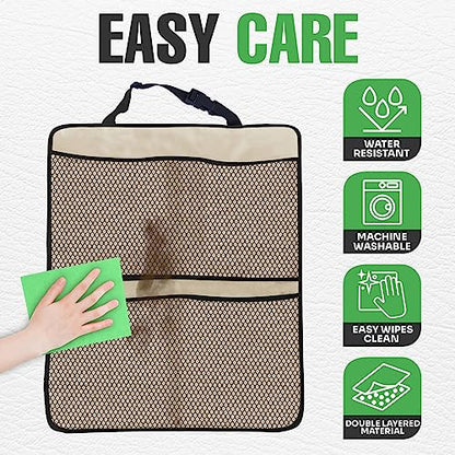 lebogner Back Seat Cover for Kids + 4 Pocket Storage Organizer, 2 Pack Kick Mats Backseat Protector, Car Accessories Waterproof Kick Guard for Vehicles to Protect from Dirt, Mud & Scratches, Beige