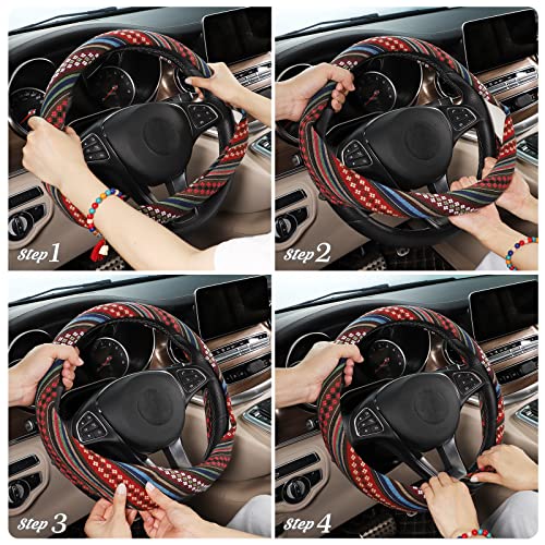 SEG Direct Boho Steering Wheel Cover with Baja Blanket Cloth, Ethnic Style Auto Wheel Cover Made of Coarse Flax, Fits 14 1/2-15 1/4 inches Car Wheel - color: Spring Flowers